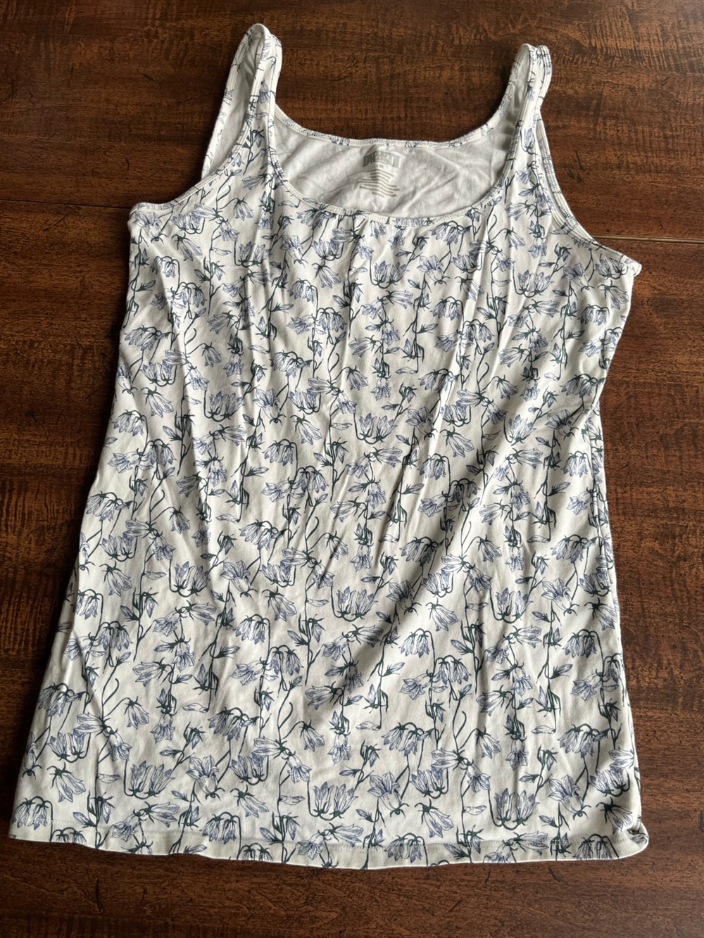 Duluth Trading No Yank Tank Top M Floral Wildflower White Blue Cotton Stretch